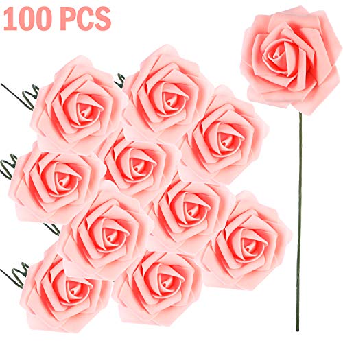 Product Cover Poen 100 Pieces Artificial Flowers Blush Roses Foam Rose with Stem for DIY Wedding Bouquets Centerpieces Party Baby Shower Home Decorations