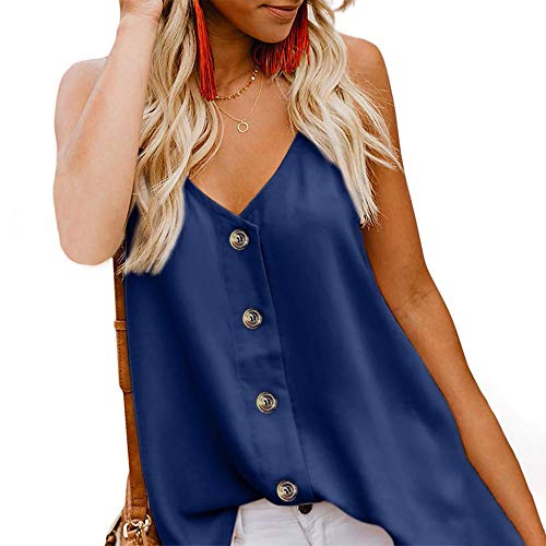 Product Cover BAODANstore Womens Button Down V Neck Tank Tops Loose Casual Vest Spring Summer Sleeveless Shirts Blouses (L, Dark Blue)