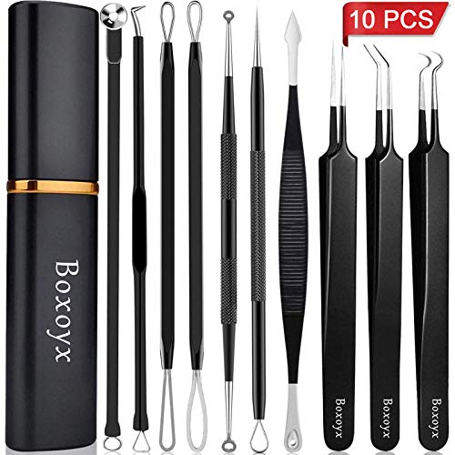 Product Cover [Upgrade]Blackhead Remover Pimple, Boxoyx 10 Pcs Professional Pimple Comedone Extractor Popper Tool Acne Removal Kit - Treatment for Pimples, Blackheads, Zit Removing, Forehead,Facial and Nose(Black)