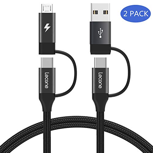 Product Cover 4 in 1 Multi USB Charging Cable with Data Transfer, Lecone 1m/ 3.3FT Nylon Braided Cord Charger Adapter with USB C x2/Micro USB/USB Ports for Android and Type C Devices[Black, 2 Pack]