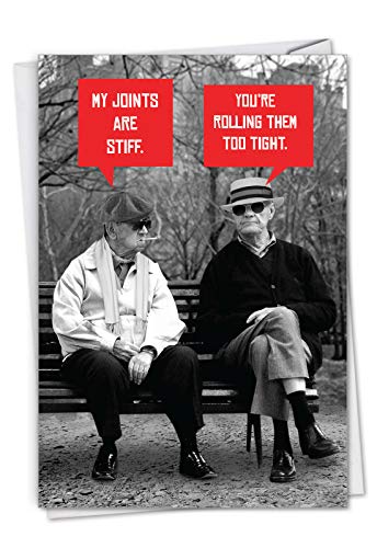 Product Cover Men Stiff Joints - Hilarious Happy Birthday Card with Envelope (4.63 x 6.75 Inch) - Old Man Birthdays, Smoking Stoned Grandpas - Funny Bday Note Card for Dad, Fathers, Brothers C7038BDG