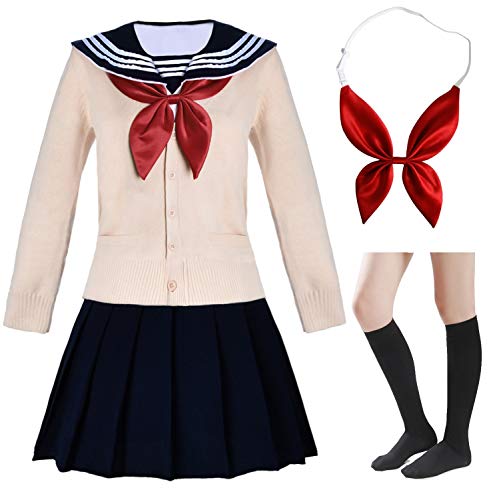 Product Cover Elibelle Japanese School Girls Short Sleeve Uniform Sailor Navy Blue Pleated Skirt Anime Cosplay Costumes Sweater with Socks setM(Tag L)