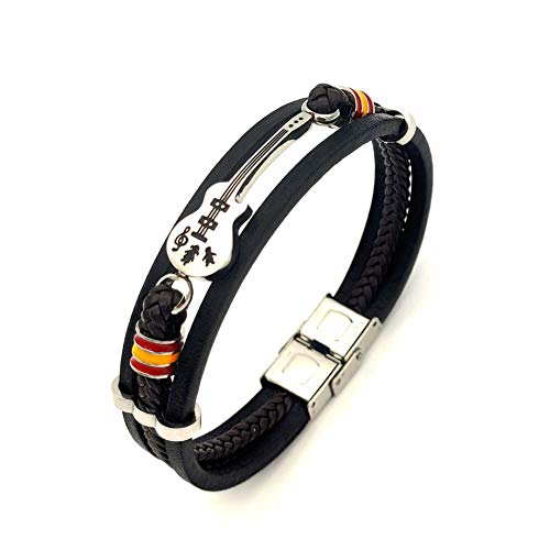 Product Cover Mens Leather Cuff Bracelet Handmade Black Multi-layer Cowhide Woven Rope Guitar Bangle, 8.3inch[Adjustable]