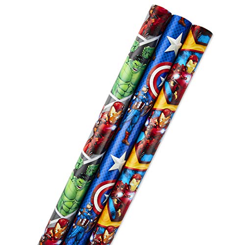 Product Cover Hallmark Avengers Wrapping Paper Bundle with Cut Lines on Reverse, Captain America, Iron Man, Thor (Pack of 3, 105 sq. ft. ttl.) for Birthdays, Holidays, Fathers Day and More