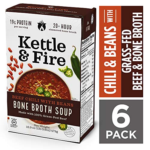 Product Cover Chili with Beans and Grass Fed Beef and Bone Broth by Kettle and Fire, Pack of 6, Gluten Free Collagen Soup on the Go, Non GMO, 18g of protein, 16.9 fl oz