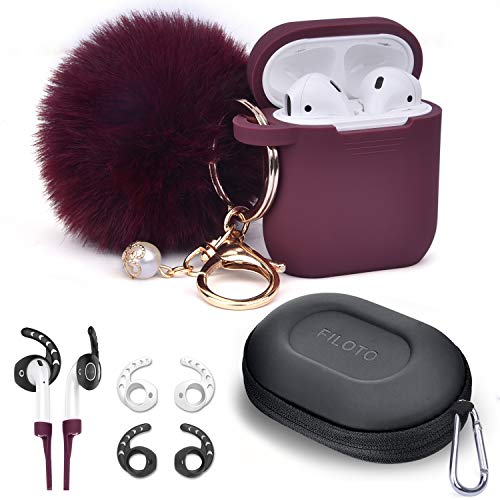 Product Cover Airpods Case - Filoto Airpods Silicone Protective Case Cover with Cute Pompom/Keychain/Strap/Earhooks/Carrying Case for Apple Airpods 2&1 Charging Case, Air Pods Cover for Women & Girls (Burgundy)