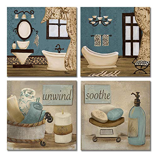 Product Cover VIIVEI Bathroom Canvas Wall Art Prints Framed Ready to Hang Teal Blue Wall Decor Vintage Paintings Posters Great Gift Home Artwork (12