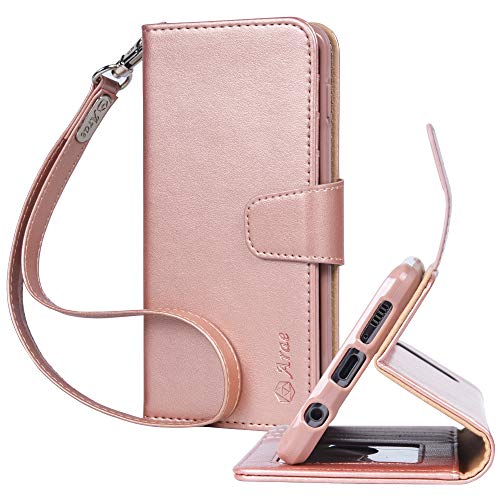 Product Cover Arae Case Compatible for Samsung Galaxy S10, PU Leather Wallet case [Stand Feature] with Wrist Strap and [4-Slots] ID&Credit Cards Pockets (Rose Gold)