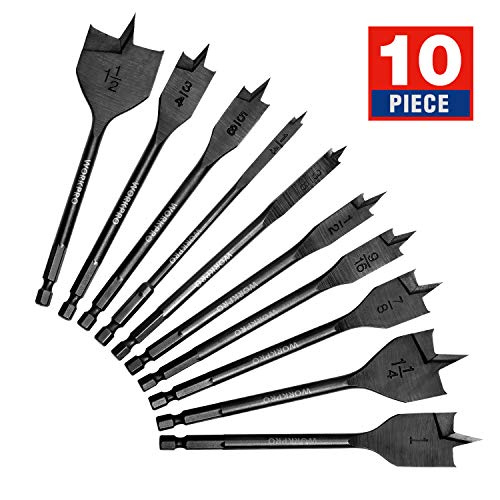Product Cover WORKPRO 10-Piece Pro Spade Drill Bit Set- Black Coating, Premium Carbon Steel, Paddle Flat Bits for Woodworking, Assorted Bits 1/4