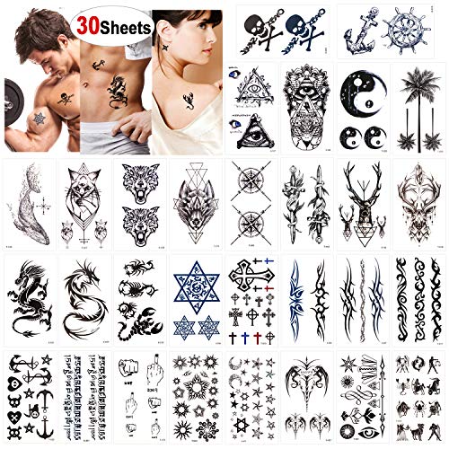 Product Cover Konsait Temporary Tattoos for Adult Men Women Kids(30 Sheets), Waterproof Temporary Tattoo Fake Tattoos Body Art Sticker Hand Neck Wrist Cover Up Set, Dragon Anchor Scorpion Wolf Graphic Elk