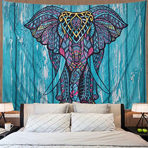 Product Cover Elephant Tapestry Vintage Blue Old Wooden Plank Tapestry Wall Hanging Bohemian Mandala Tapestry Psychedelic Wall Tapestry Watercolor Hippie Indian Tapestry Decor(Blue Elephant,51.2