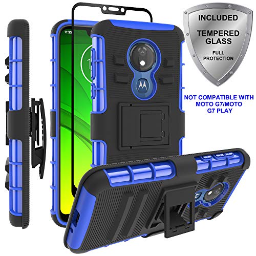 Product Cover Moto G7 Power Case,Moto G7 Supra Case, ChangeJ Military Grade Protection with Tempered Glass Screen Protector Holster Belt Clip Amor Case for Motorola Moto G7 Power/Supra - Blue