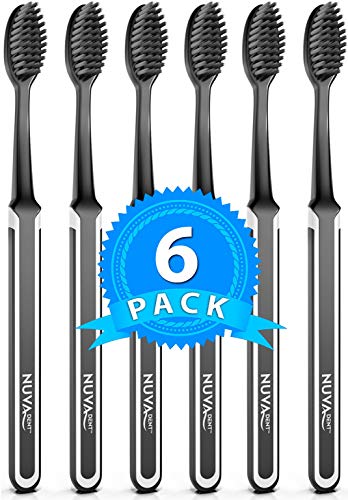 Product Cover Nuva Dent Ultra Soft Charcoal Toothbrush - Gentle, Slim Brush Head, Medium Tip - Clean Plaque, Whiten Teeth - Works Well w/Activated Charcoal Toothpaste or Teeth Whitening Products, 6 Pack