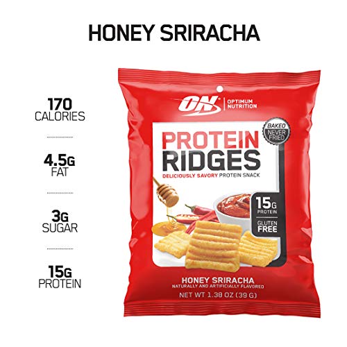 Product Cover New! Optimum Nutrition High Protein Ridges, Baked Chips, Savory Snack To Go, Gluten Free, Soy Free, Flavor: Honey Sriracha, 10 Count
