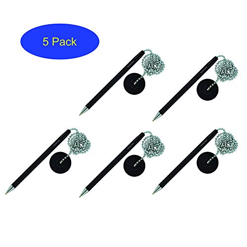 Product Cover Secure Counter Pen With Adhesive Base & Metal Chain - Black Ink - Medium Point (5 Pack)