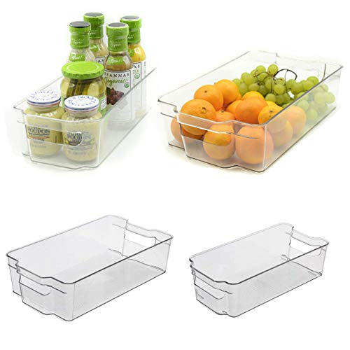 Product Cover Organizer Bins, Stackable, Set of 4, Clear Storage Containers for Organizing - Pantry Organizer, Fridge Organizer Bins, Refrigerator Organizer Bins, Freezer Organizer, Dresser Drawer Organizers