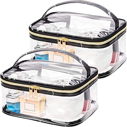Product Cover Boao 2 Pieces Portable Marble Pattern Clear Makeup Bag Gold Zipper Waterproof Transparent Travel Storage Pouch Cosmetic Toiletry Bag with Handle (Black)