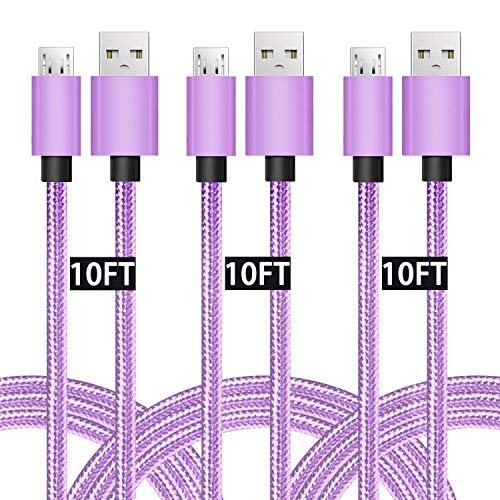 Product Cover MATEIN Micro USB Cable, 10ft 3 Pack Extra Long Charging Cord Nylon Braided High Speed Durable Fast Charging USB Charger Android Cable for Samsung Galaxy S7 Edge S6 S5,Android Phone,LG G4,HTC, Purple