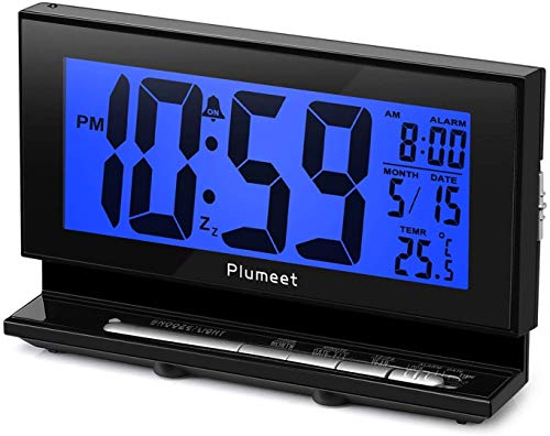 Product Cover Plumeet Auto-Night Light Clock, Digital Alarm Clock Large LCD Display with Low High Dimmer Backlight, Temperature, Calendar, Ascending Sound & Snooze Function, Battery Operated Only (Blue)