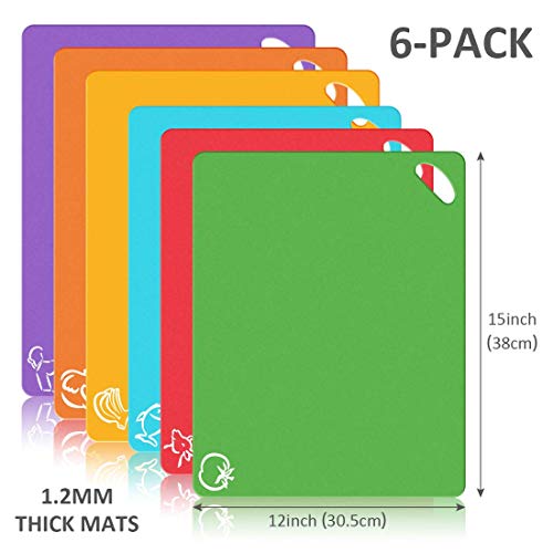 Product Cover Bedoo, Extra Thick Flexible Plastic Kitchen Cutting Board, Set of 6 Mats With Food Icons & Easy-Grip Handles, BPA-Free, 12 x 15in, 6 colors set