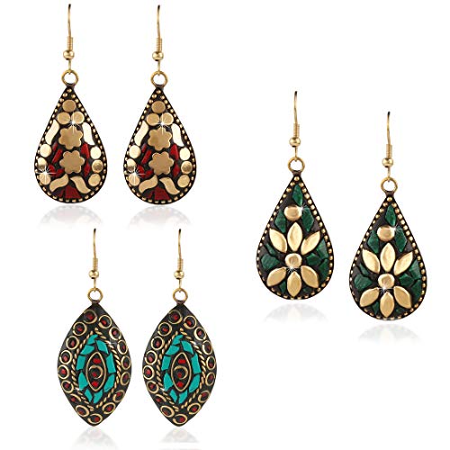 Product Cover Latest Fashion Handmade Tibetan Danglers Indian Bollywood Traditional COMBO of 3 Pairs Gold Plated AfghaniHook Dangler Earrings Indian Traditional Jewelry for Women From Yellow Chimes