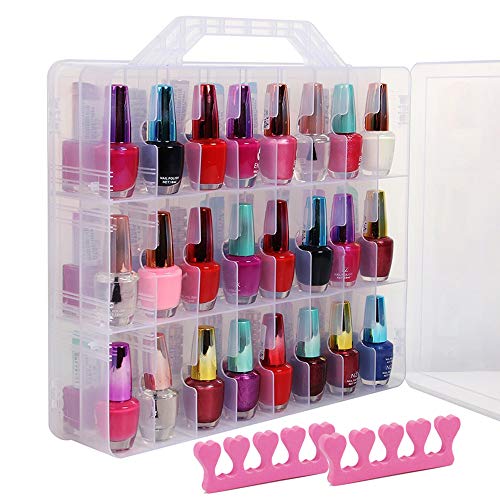 Product Cover Weiyi Clear Nail Polish Organizer Case Stores 48 Bottles Holder Double Side with Adjustable Compartments and 2 Toe Separators