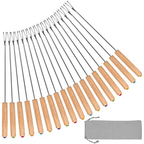 Product Cover STYDDI Fondue Fork, 18Pcs Stainless Steel Color Coding Fondue Forks with Oak Wood Handle Heat Resistant for Chocolate Fountain Cheese Fondue Roast Marshmallows, 9.5 Inch