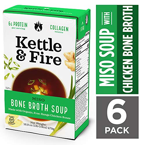 Product Cover Miso Soup with Chicken Bone Broth by Kettle and Fire, Pack of 6, Paleo Diet, Gluten Free Collagen Soup on the Go, 11g of protein, 16.9 fl oz