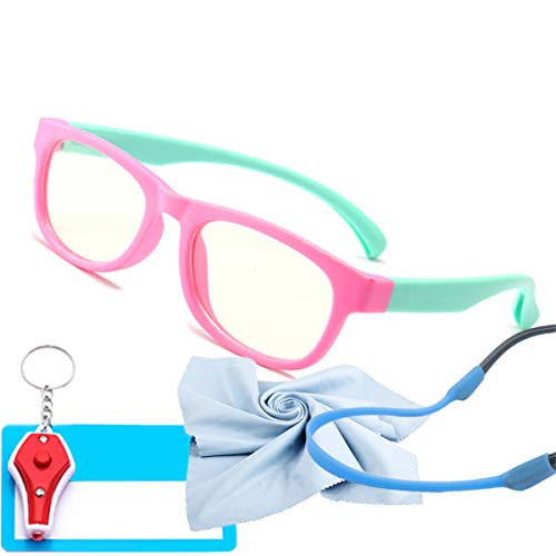 Product Cover Kids Blue Light Glasses with Strap Computer and Gamer Eyewear Anti-Glare Protection Anti-Fatigue Anti UV Glasses for Smartphone Screens,Computer Or Tv Boys Girls Age 3-10(Pink and Cyan Frame)