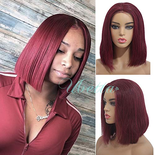 Product Cover Bob Wigs 99j Brazilian Virgin Human Hair Lace Front Pre Plucked with Baby Hair for Women Glueless 13x4 Straight Short Bob Wig Bleached Knot Middle Part Cut Bob Colored Wig 12