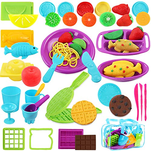 Product Cover Vankerter Cooking Play Dough Tools Clay Dough Playset Includes Fish, Apple, Lemon, Waffles and Other Molds Cutters Accessories for Kids