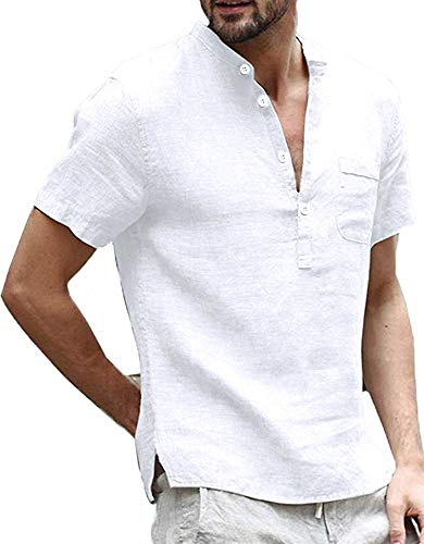 Product Cover Enjoybuy Mens Linen Henley Shirts Short Sleeve Casual Summer T Shirt Banded Collar Beach Tops