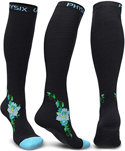 Product Cover Physix Gear Compression Socks for Men & Women 20-30 mmhg, Best Graduated Athletic Fit for Running Nurses Shin Splints Flight Travel & Maternity Pregnancy - Boost Stamina Circulation - Blue Flower L-XL
