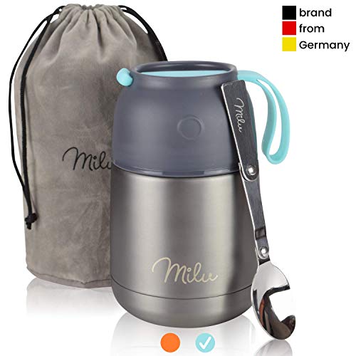 Product Cover Milu Thermos Food Jar with Folding Spoon 15,2 oz / 22 oz Double Wall Insulated Stainless Steel Food Containers Wide Mouth Lunch Box for Hot & Cold Food for Kids Adults Babys - Gray/Blue 15,2 oz