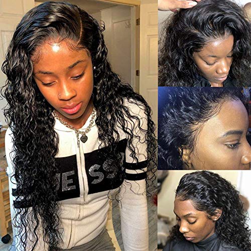 Product Cover Peruvian Deep Curly Wave Human Hair 360 Lace Frontal Wig For Black Women 100% Unprocessed Virgin Human Hair Wigs Wave with Baby Hair Pre Plucked Glueless 360 Full Lace Frontal Wet and Wavy Hair Wigs