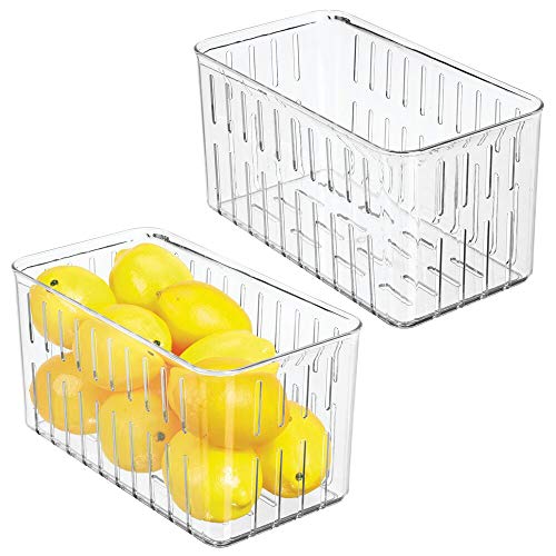 Product Cover mDesign Plastic Kitchen Refrigerator Produce Storage Organizer Bin with Open Vents for Air Circulation - Food Container for Fruit, Vegetables, Lettuce, Cheese, Fresh Herbs, Snacks - M, 2 Pack - Clear