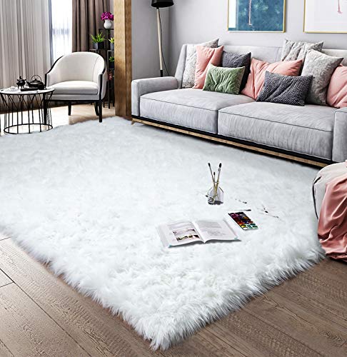 Product Cover Noahas Faux Sheepskin Area Rugs Silky Long Wool Carpet for Living Room Bedroom, Children Play Dormitory Home Decor Rug, 5ft x 8ft White