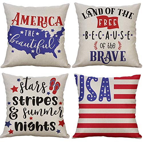 Product Cover LEVOSHUA 4 Pack American Flag Pillowcase Throw Pillow Case Cushion Cover Patriotic 4th of July Cotton Linen Pillowcase Home Decorative for Sofa 18