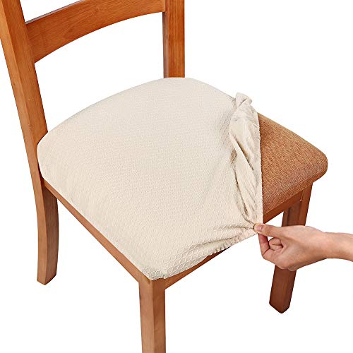 Product Cover smiry Stretch Spandex Jacquard Dining Room Chair Seat Covers, Removable Washable Anti-Dust Dinning Upholstered Chair Seat Cushion Slipcovers - Set of 6, Beige
