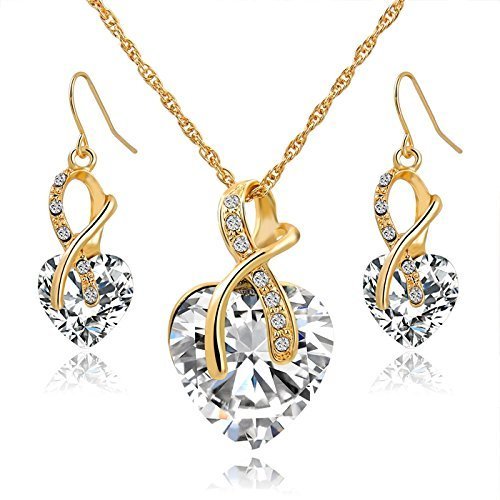 Product Cover Gift! Gold Plated Jewelry Sets For Women Crystal Heart Necklace Earrings Jewellery Set Bridal Wedding Accessories (White)