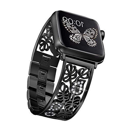 Product Cover Secbolt Carved Flower Bling Bands Compatible with Apple Watch Band 42mm 44mm iwatch Series 5/4/3/2/1, Stainless Steel Dressy Jewelry Diamond Bracelet Bangle Wristband Women, Black
