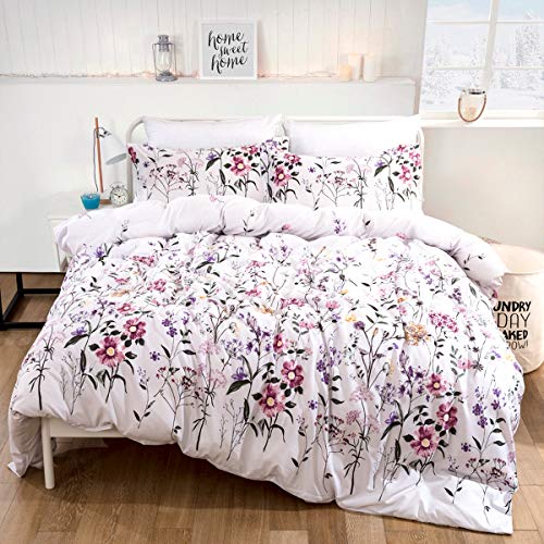 Product Cover Floral Duvet Cover Set Queen Reversible Pink Botanical and Green Leaves Pattern Printed Bedding Duvet Cover with Zipper Closure Ties, 3 Pieces (1 Duvet Cover + 2 Pillowcases), Ultra Soft Microfiber