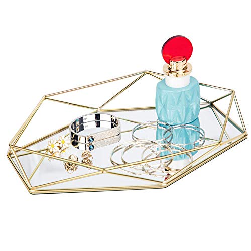 Product Cover FLY SPRAY Ornate Tray Makeup Jewelry Organizer Metal Brass Mirrored Glass Tray Luxury Gold Hexagonal Desktop Simple Style Cosmetic Jewelry Box Vanity Home Décor, Perfume Plate Wedding Gifts