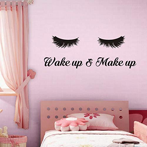 Product Cover TOARTi Wake Up &Make Up Wall Decal Fashion Eyelash Wall Sticker Women Beauty Quote Sticker for Bedroom Decoration