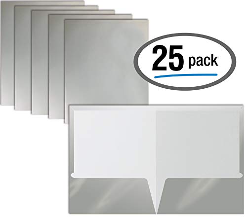 Product Cover 2 Pocket Glossy Laminated Metallic Silver Paper Folders, Letter Size, 25 Pack, Metallic Silver Paper Portfolios by Better Office Products, Box of 25 Metallic Silver Folders