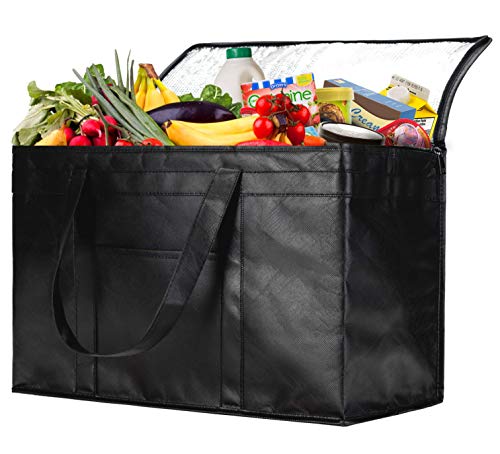 Product Cover NZ Home XXL Insulated Grocery Bag, Hot & Cold Food Delivery Bag, Light Weight, Collapsible, Washable, Heavy Duty, Stands Upright, Completely Reinforced Bottom & Handles (1 Pack, Black)