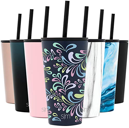 Product Cover Simple Modern 16oz Classic Tumbler with Straw Lid & Flip Lid - Travel Mug Gift Vacuum Insulated Coffee Beer Pint Cup - 18/8 Stainless Steel Water Bottle Pattern: Floral Swirl