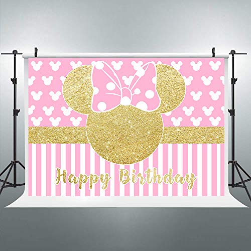 Product Cover Riyidecor Cartoon Pink Mouse Backdrop Kids Happy Birthday Photography Background Gold Princess 7x5ft Decoration Background Photo Studio Celebration Party Prop Photoshoot Photo Booth Vinyl Cloth