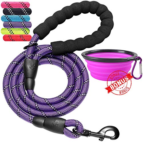 Product Cover ladoogo Heavy Duty Dog Leash - Comfortable Padded Handle, 5 ft Long - Dog Training Walking Leashes for Medium Large Dogs with A Free Collapsible Pet Bowl (Purple)