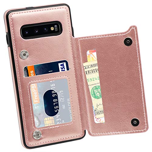 Product Cover MMHUO Galaxy S10 Wallet Case, Premium PU Leather Galaxy S10 Case with Credit Card Holder Double Magnetic Buttons Flip Shockproof Protective Cover for Samsung Galaxy S10 6.1 Inch (2019) - Rose Gold